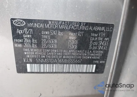 2021 Hyundai Santa Fe Se from USA, damaged, VIN 5NMS1DAJ6MH355667